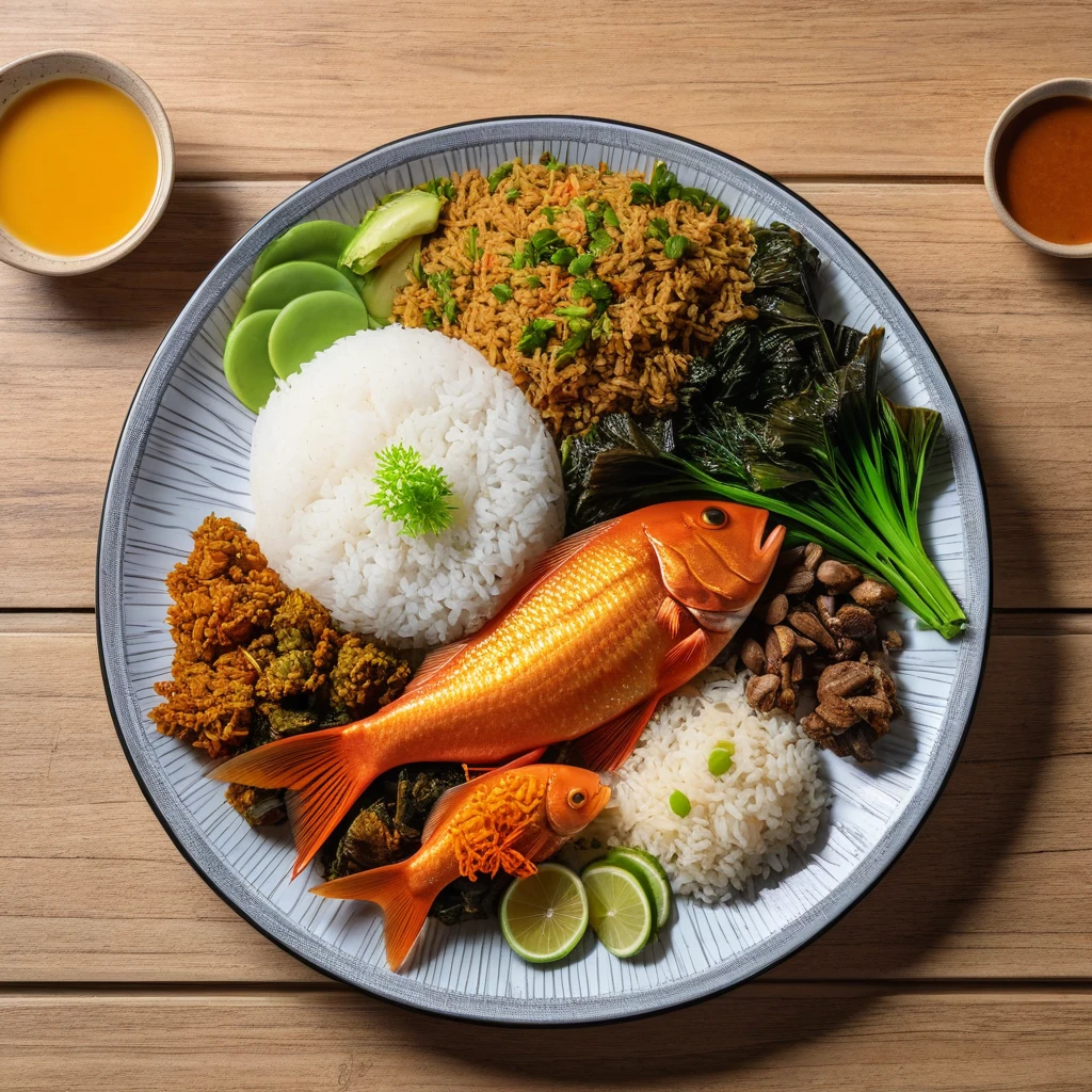 Ikan Panggang dengan Sayuran Kukus dan Nasi Putih