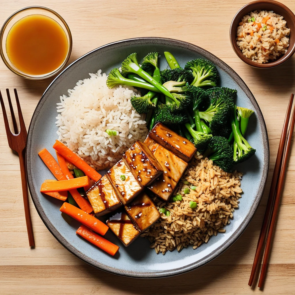 Baked Tofu Teriyaki with Brown Rice and Steamed Vegetables