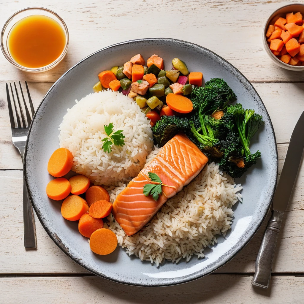 Saumon poêlé avec légumes rôtis et riz basmati