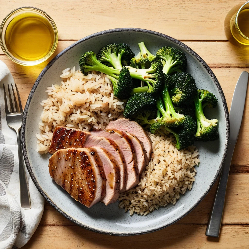 Pan-Seared Pork Loin with Brown Rice and Roasted Broccoli