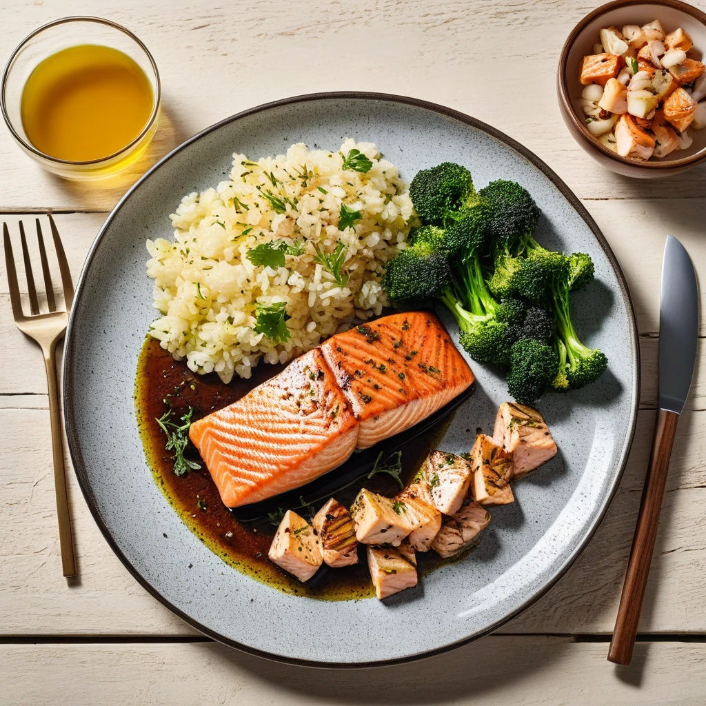 Gegrillter Lachs mit Reis und Brokkoli