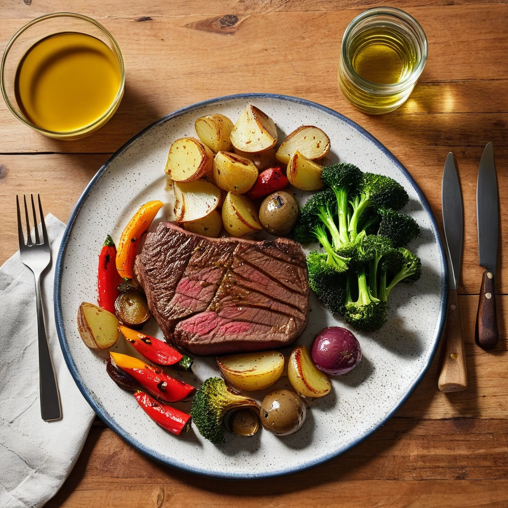 Pan-Seared Steak with Roasted Vegetables and Potato