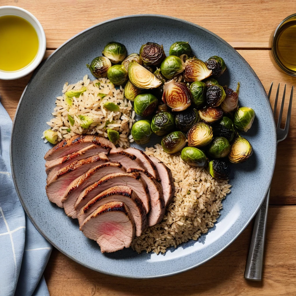 Grilled Pork Tenderloin with Roasted Brussels Sprouts and Brown Rice