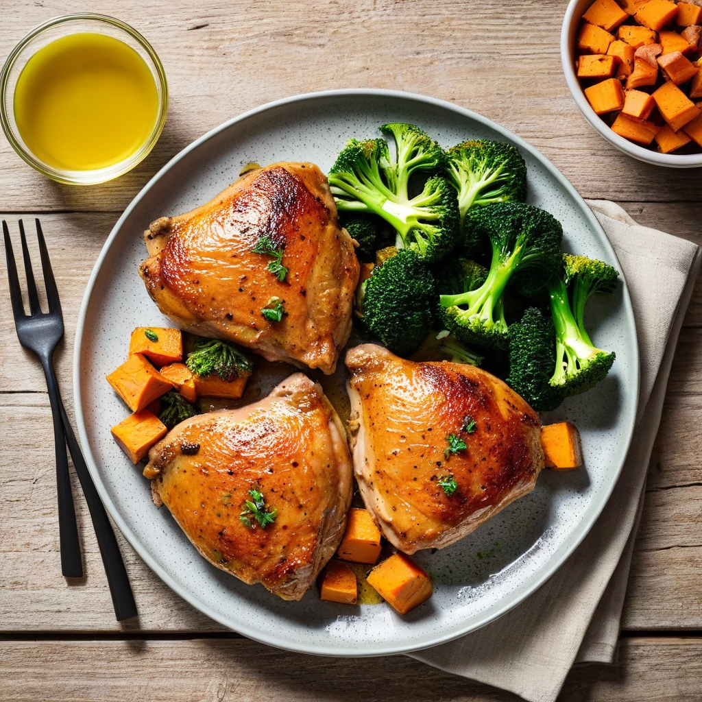 Baked Chicken Thighs with Sweet Potato and Broccoli
