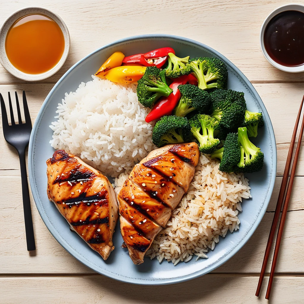 Grilled Chicken Breast with Jasmine Rice and Vegetable Stir-Fry