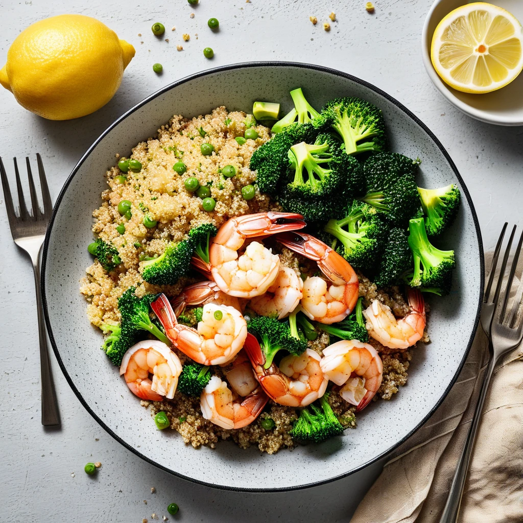 Lemon Garlic Butter Shrimp with Quinoa and Broccoli