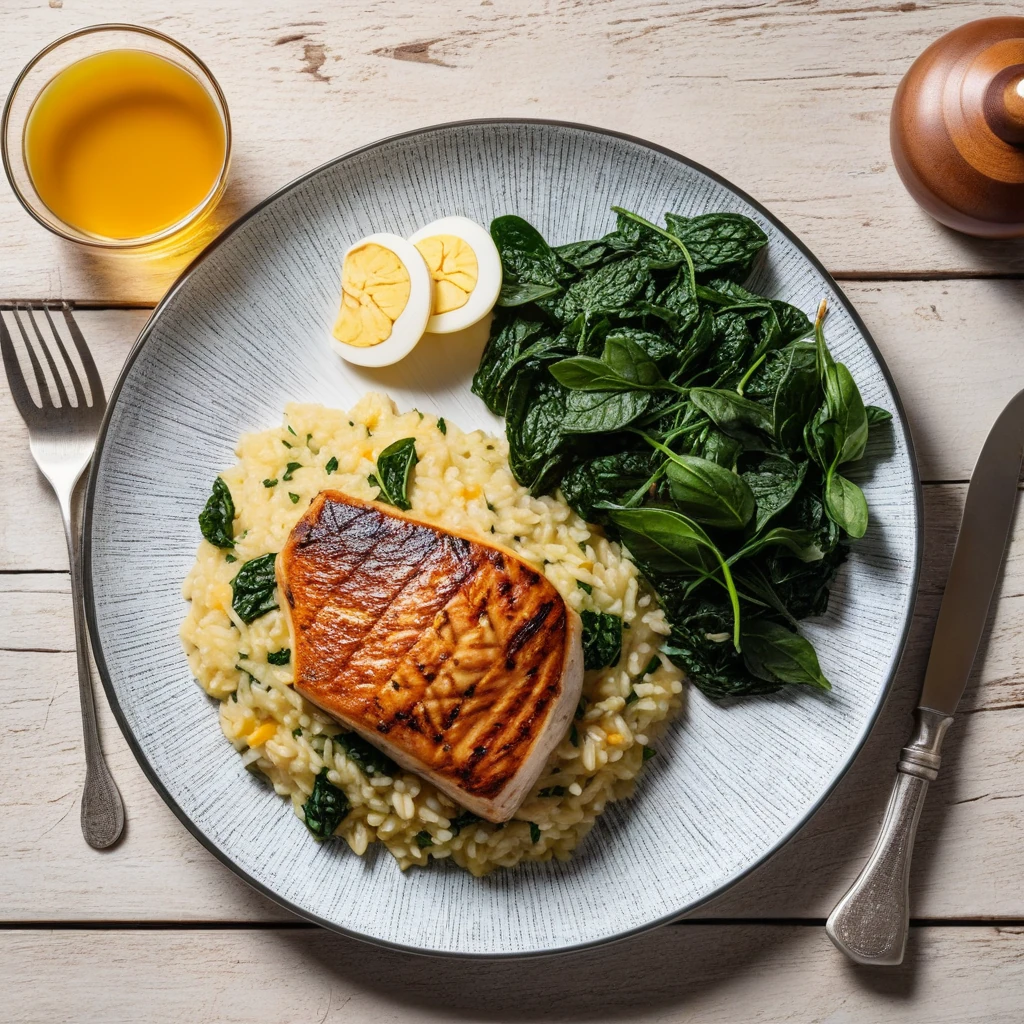 Gegrillte Hähnchenbrust mit Süßkartoffel-Risotto und Spinat