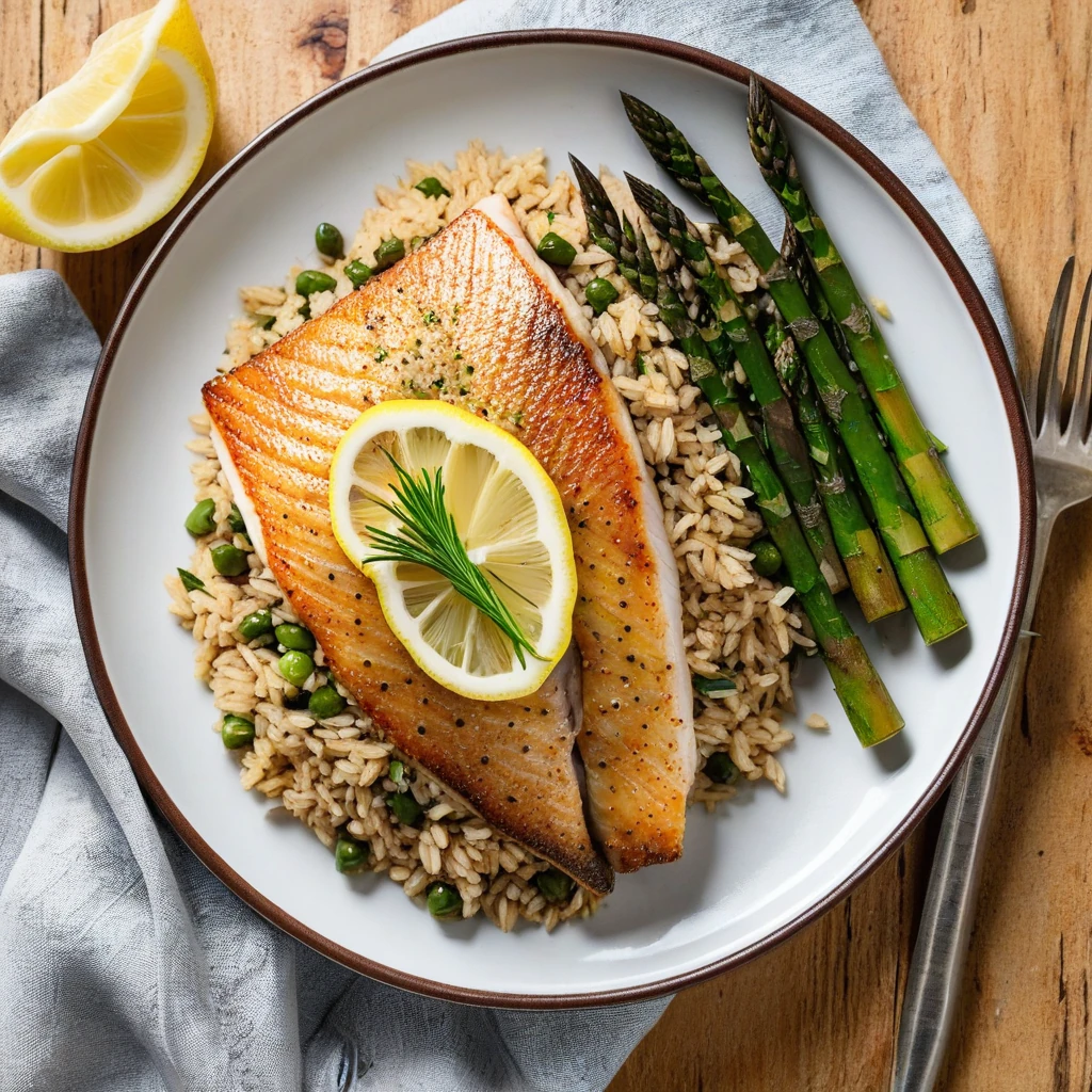 Baked Tilapia with Roasted Asparagus and Brown Rice