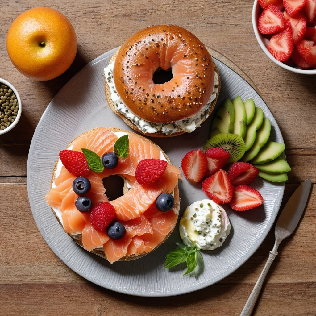 Smoked Salmon and Cream Cheese Bagel with Fresh Fruit