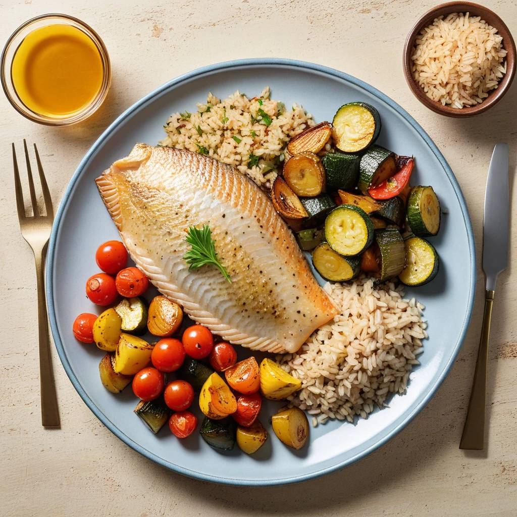 Baked Tilapia with Roasted Vegetables and Brown Rice