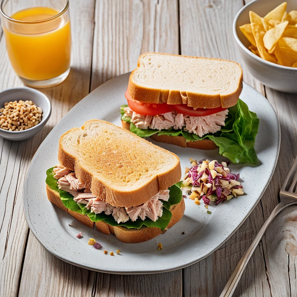 Thunfisch-Sandwich mit Gemüsesticks und Kartoffelchips
