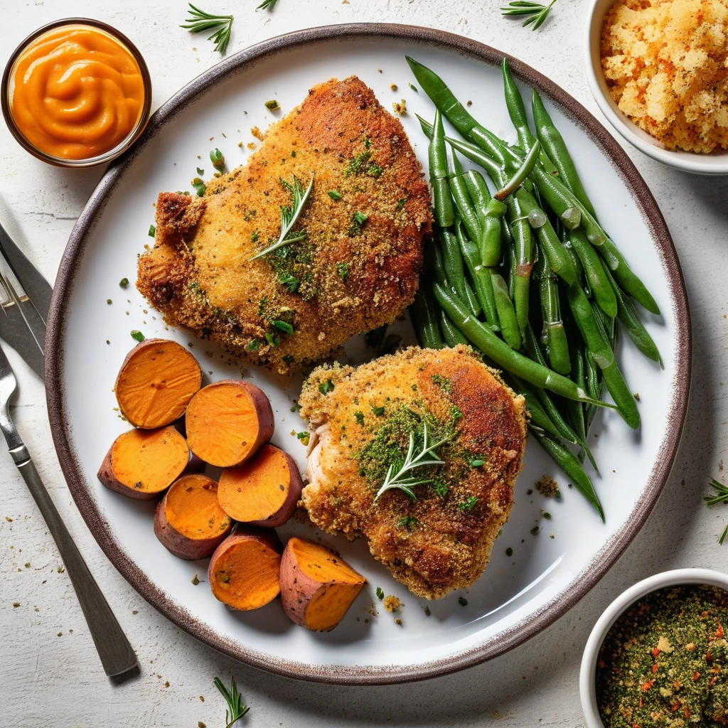 Herb-Crusted Baked Chicken Thigh with Sweet Potato and Green Beans