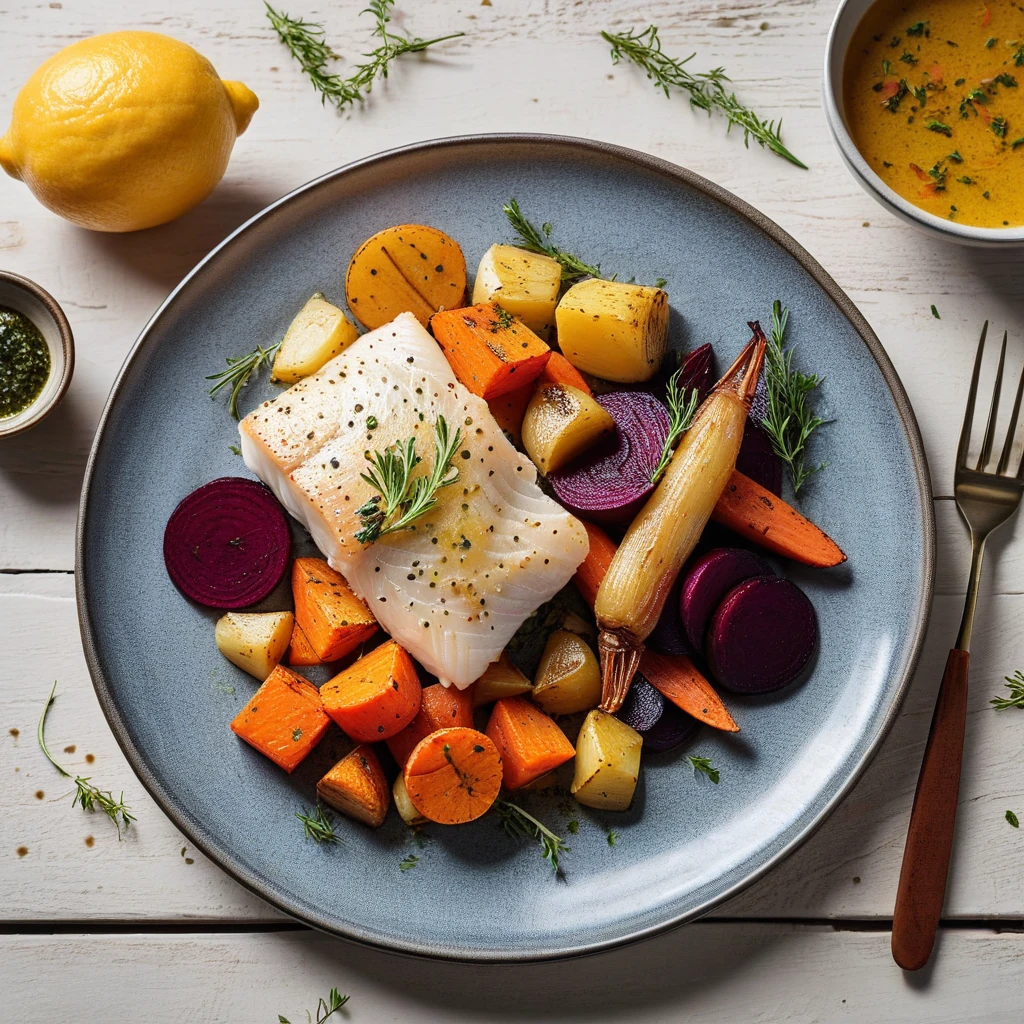 Baked Cod with Roasted Root Vegetables and Lemon Herb Sauce