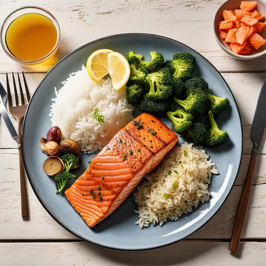 Gegrillter Lachs mit Reis und Gemüse