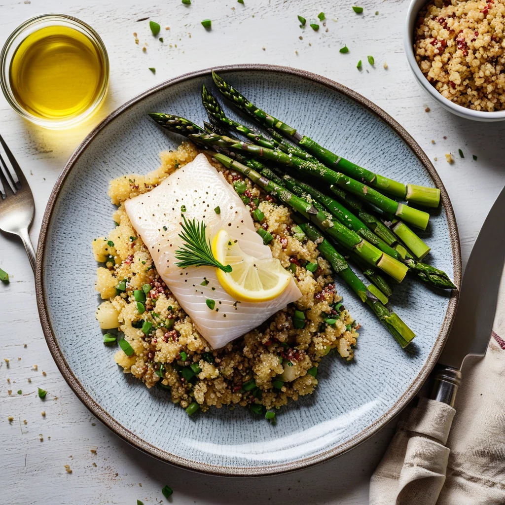 Baked Cod with Quinoa and Roasted Asparagus