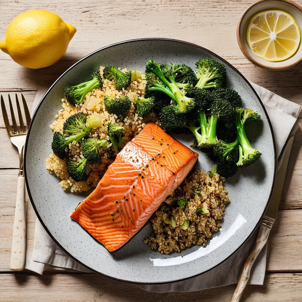 Baked Salmon with Quinoa and Roasted Broccoli