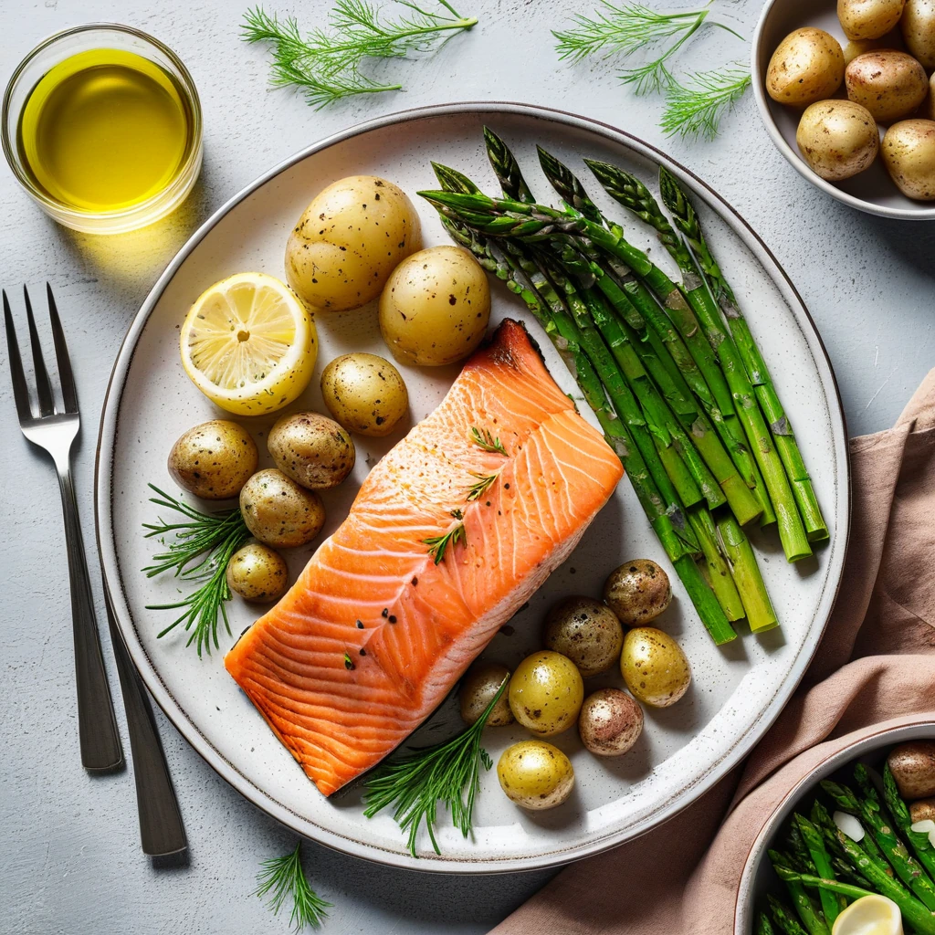 Baked Salmon with Asparagus and New Potatoes