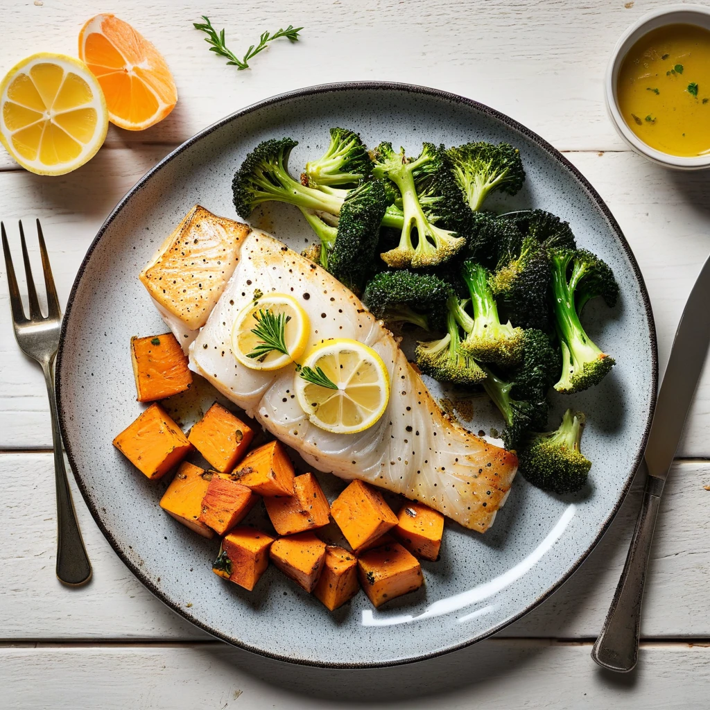Baked Cod with Roasted Broccoli and Sweet Potato