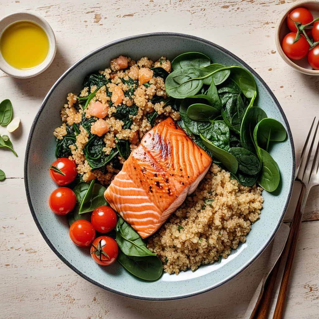 Savory Quinoa Bowl with Spinach and Grilled Salmon