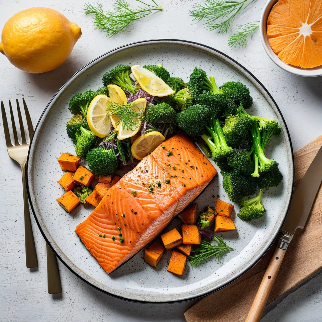 Baked Salmon with Sweet Potato and Broccoli