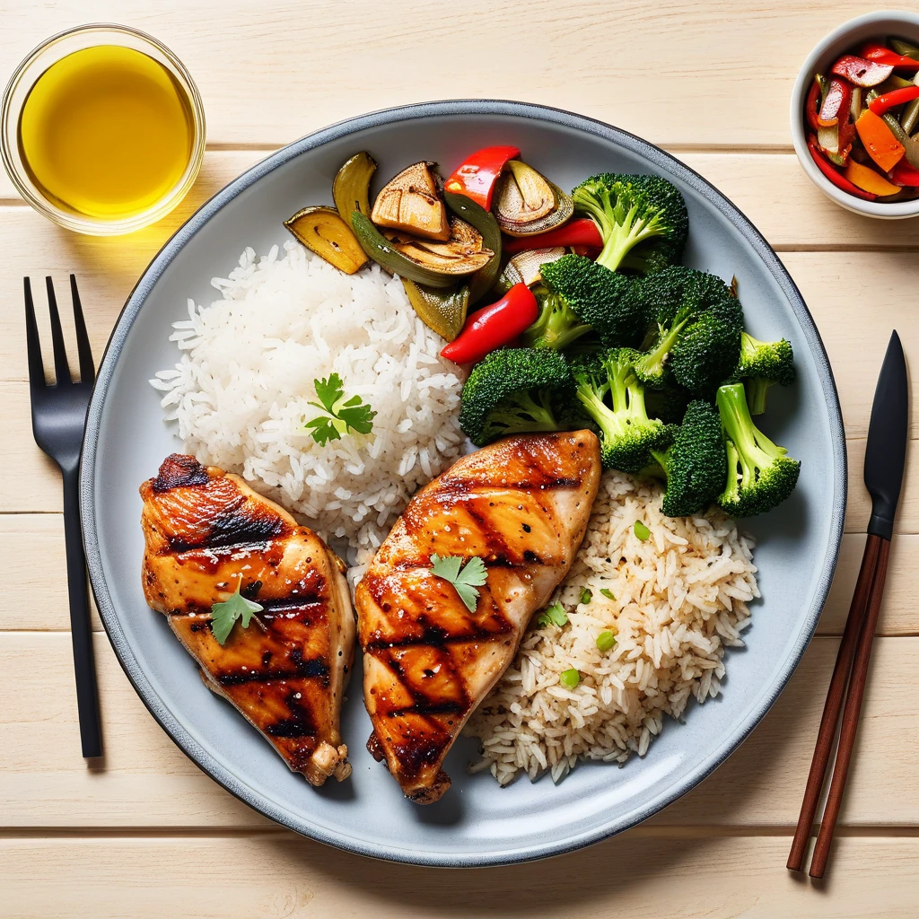 Grilled Chicken with White Rice and Stir-Fried Vegetables