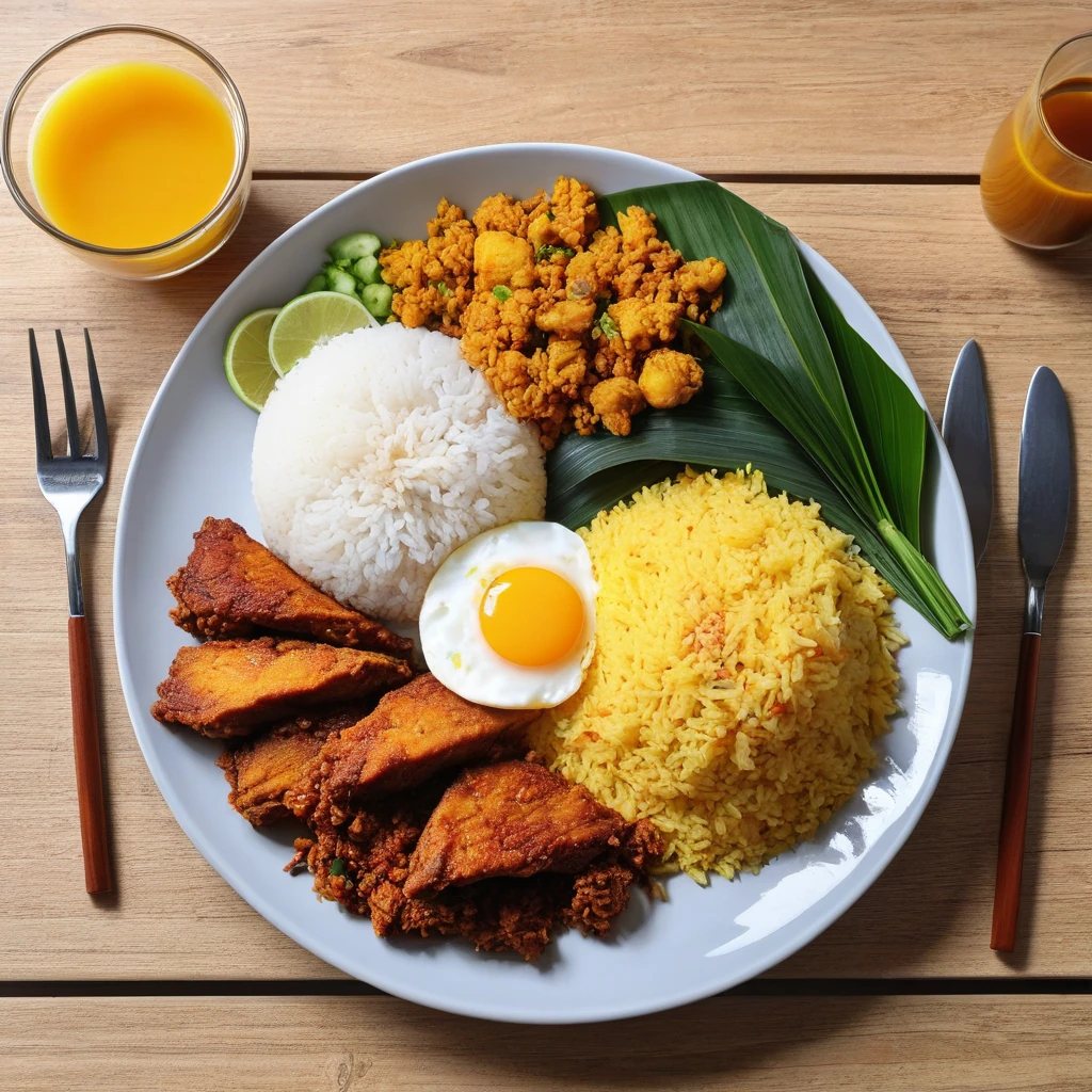 Nasi Kuning dengan Telur Mata Sapi dan Sayuran