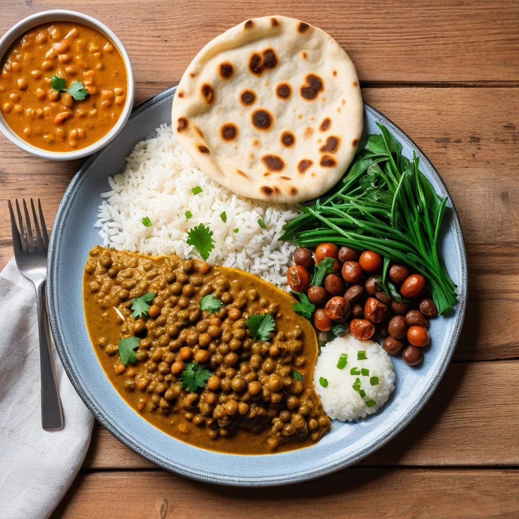 Curry de lentilles aux épinards et pain naan