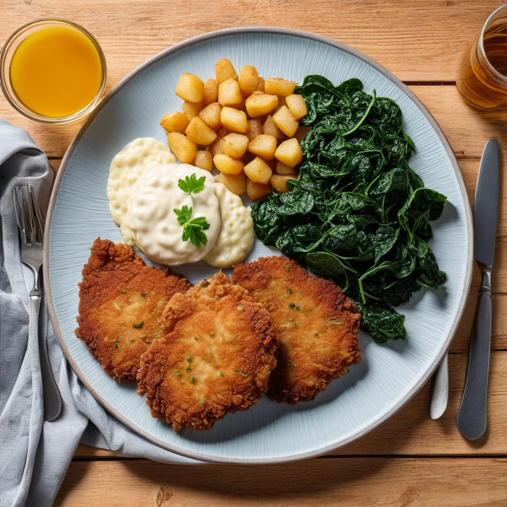 Schweineschnitzel mit Kartoffelpüree und grünem Gemüse