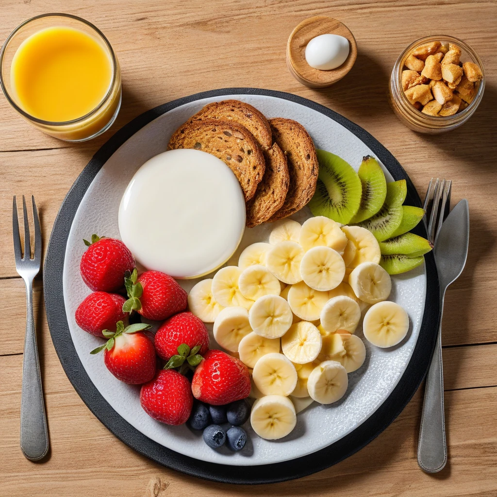 Œufs brouillés avec pain complet et fruits frais