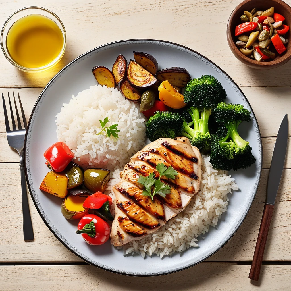 Grilled Chicken Breast with White Rice and Roasted Vegetables