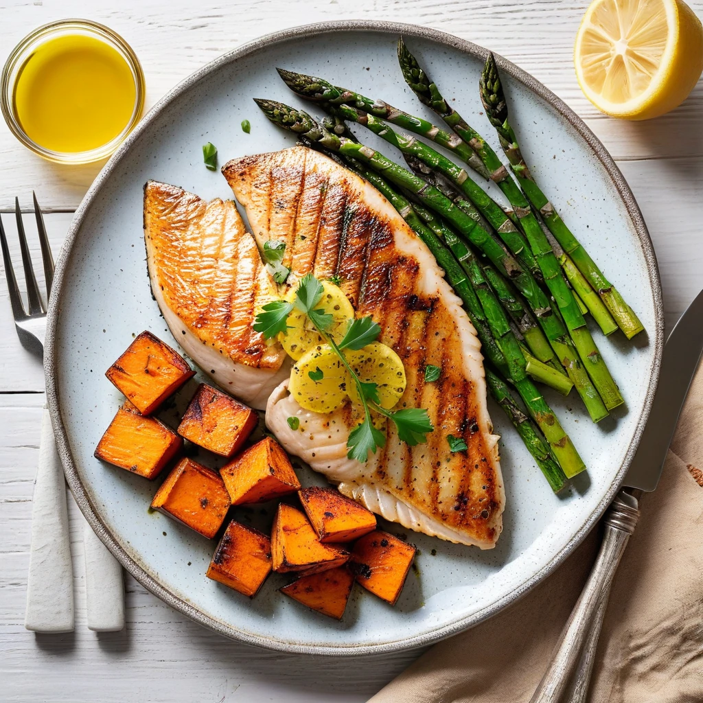 Grilled Tilapia with Roasted Sweet Potato and Asparagus