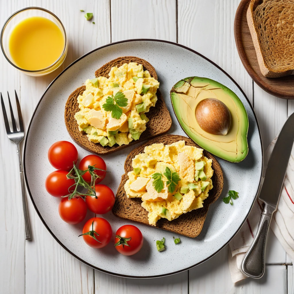 Scrambled Eggs with Whole Wheat Toast and Avocado