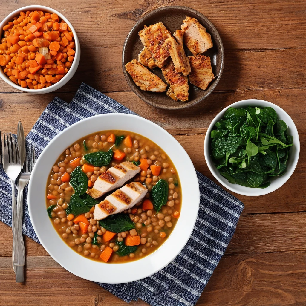 Lentil and Vegetable Soup with Grilled Chicken Strips