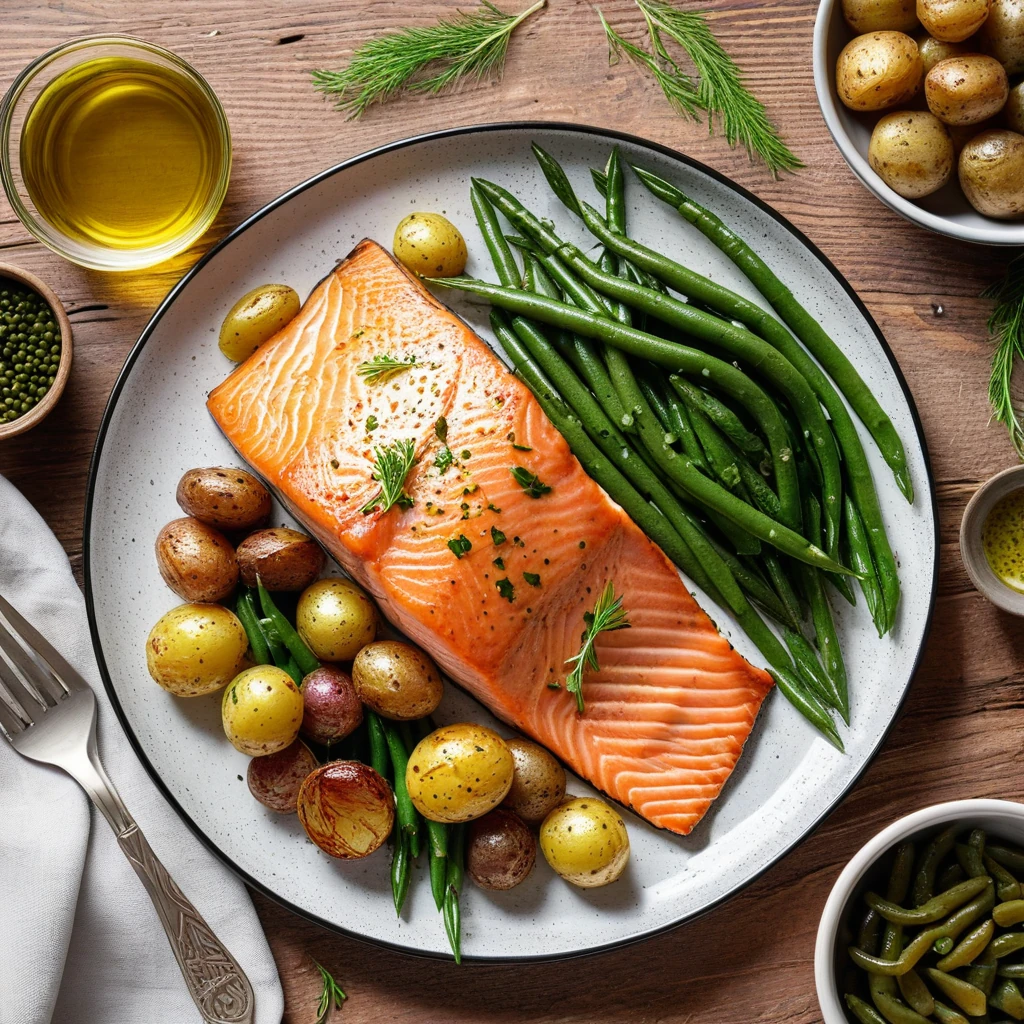 Baked Salmon with Herb-Roasted Potatoes and Green Beans