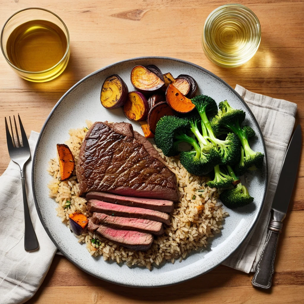 Pan-Seared Sirloin Steak with Roasted Vegetables and Brown Rice