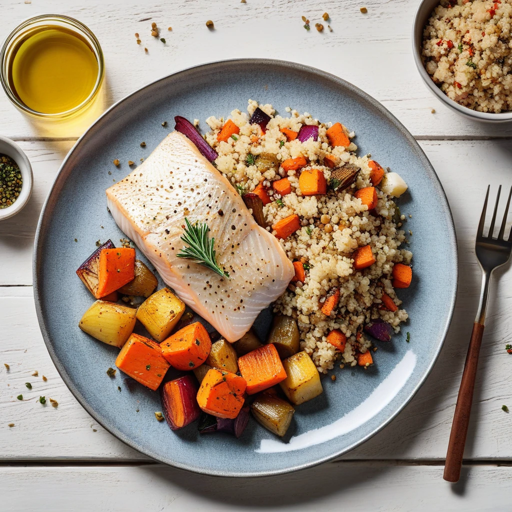 Baked White Fish with Roasted Root Vegetables and Quinoa