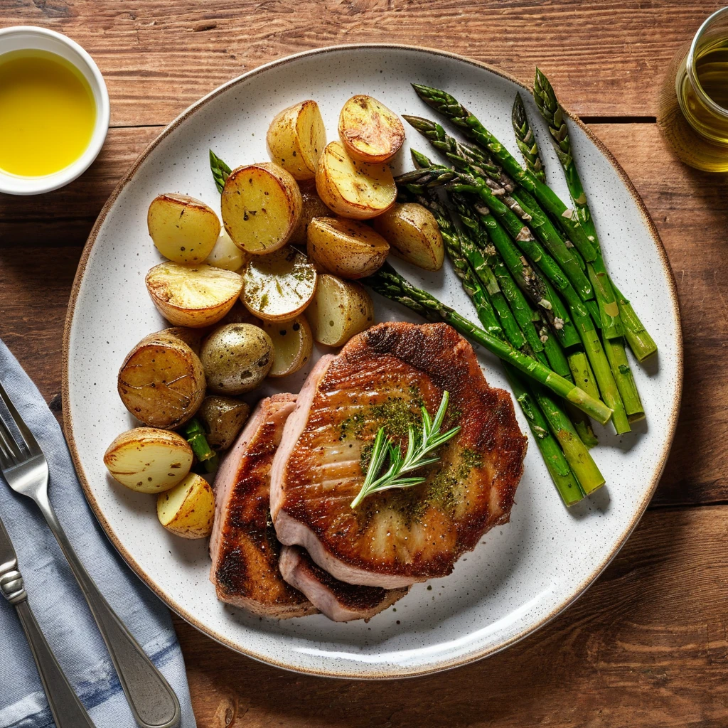 Herb-Crusted Pork Chops with Roasted Potatoes and Asparagus