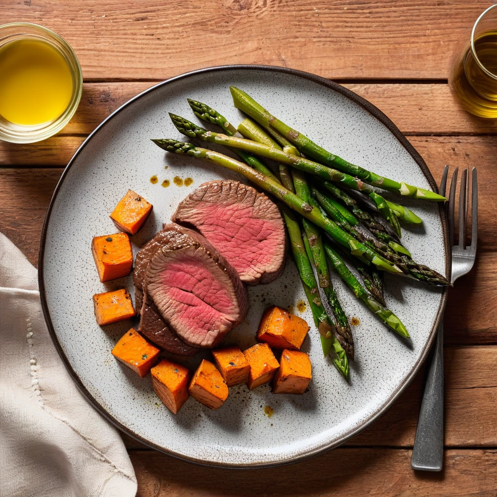 Beef Tenderloin with Sweet Potato and Asparagus
