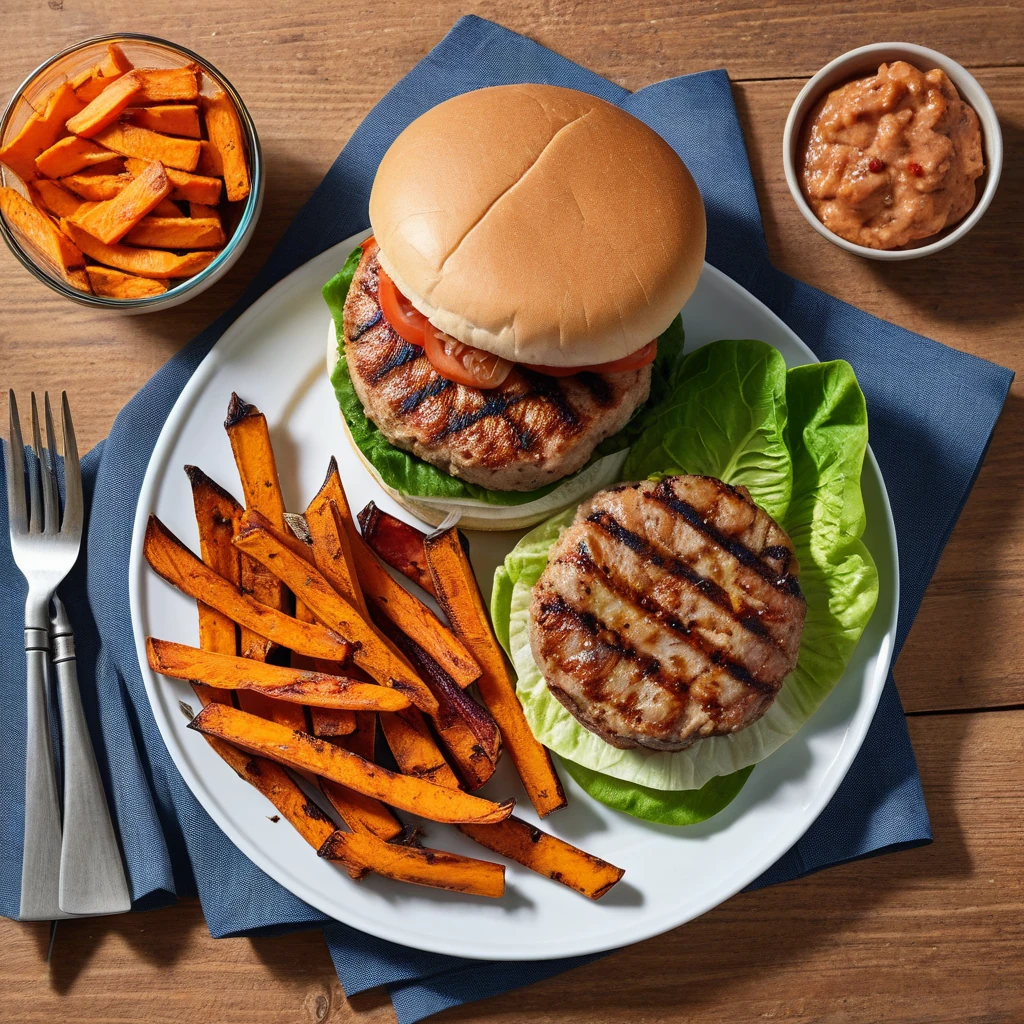 Grilled Turkey Burger with Sweet Potato Fries