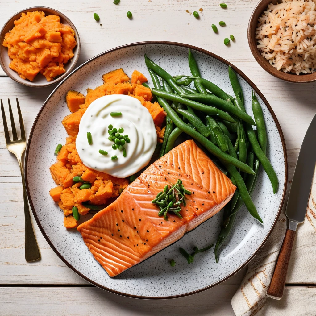 Baked Salmon with Sweet Potato Mash and Green Beans