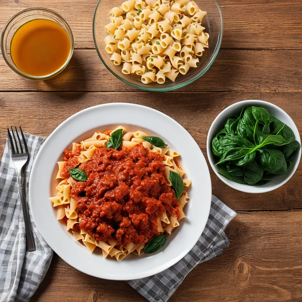 Turkey Pasta with Tomato Sauce and Spinach