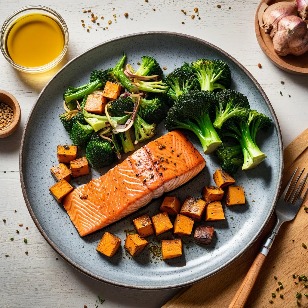 Pan-Seared Salmon with Roasted Sweet Potato and Broccoli