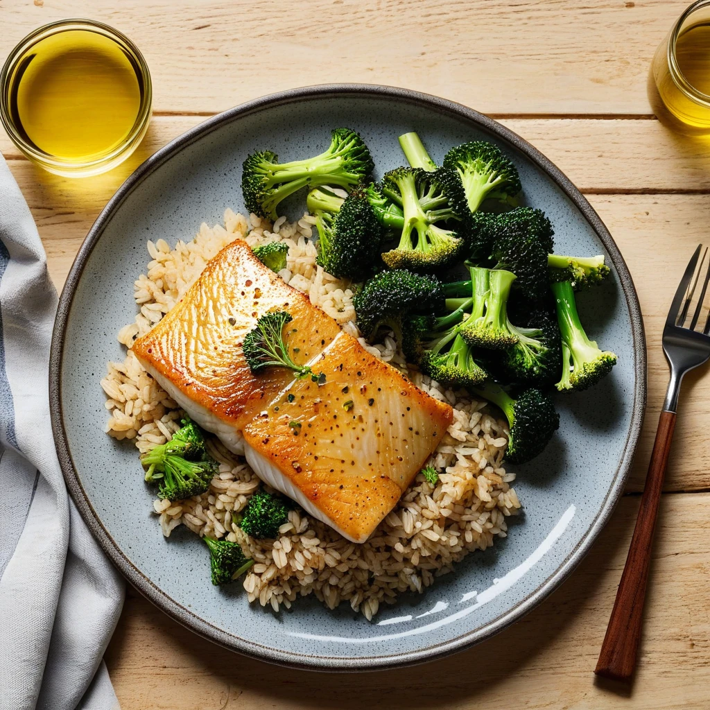Pan-Seared Cod with Brown Rice and Roasted Broccoli