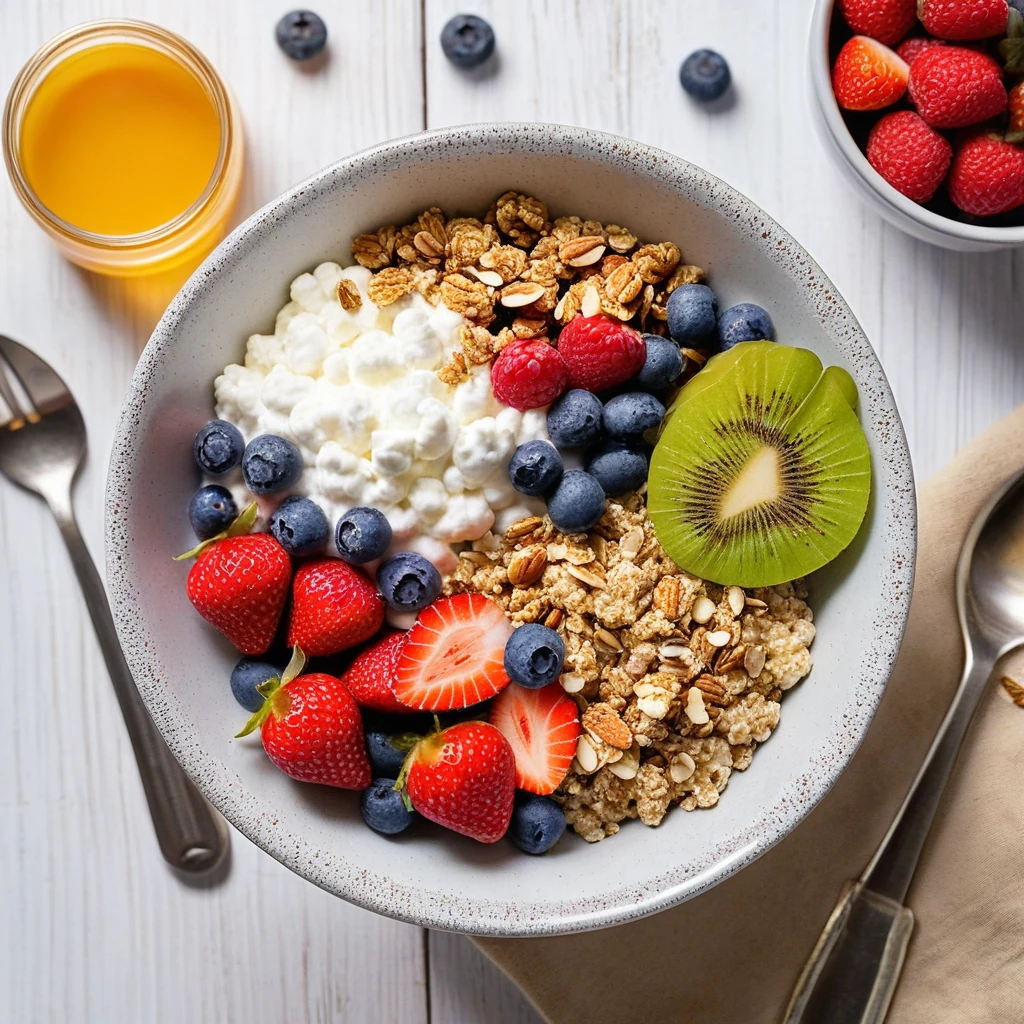 protein-rich cottage cheese bowl with granola and fruit