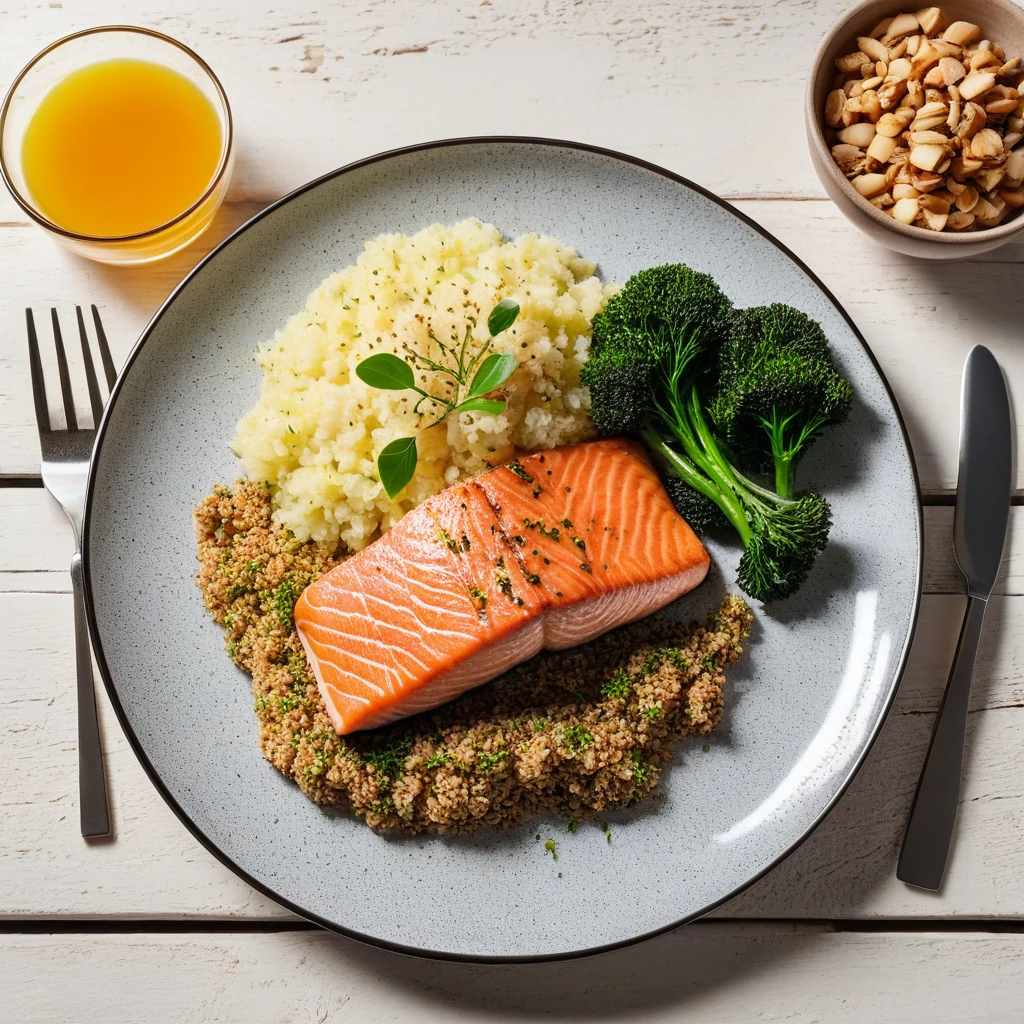 Lachs mit Haferflocken und Gemüse
