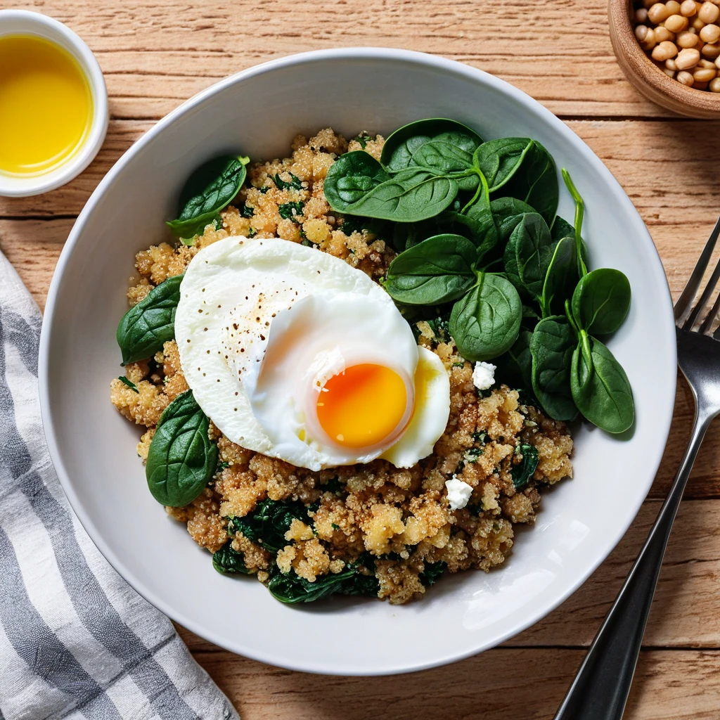 Savory Quinoa Breakfast Bowl with Spinach and Poached Egg