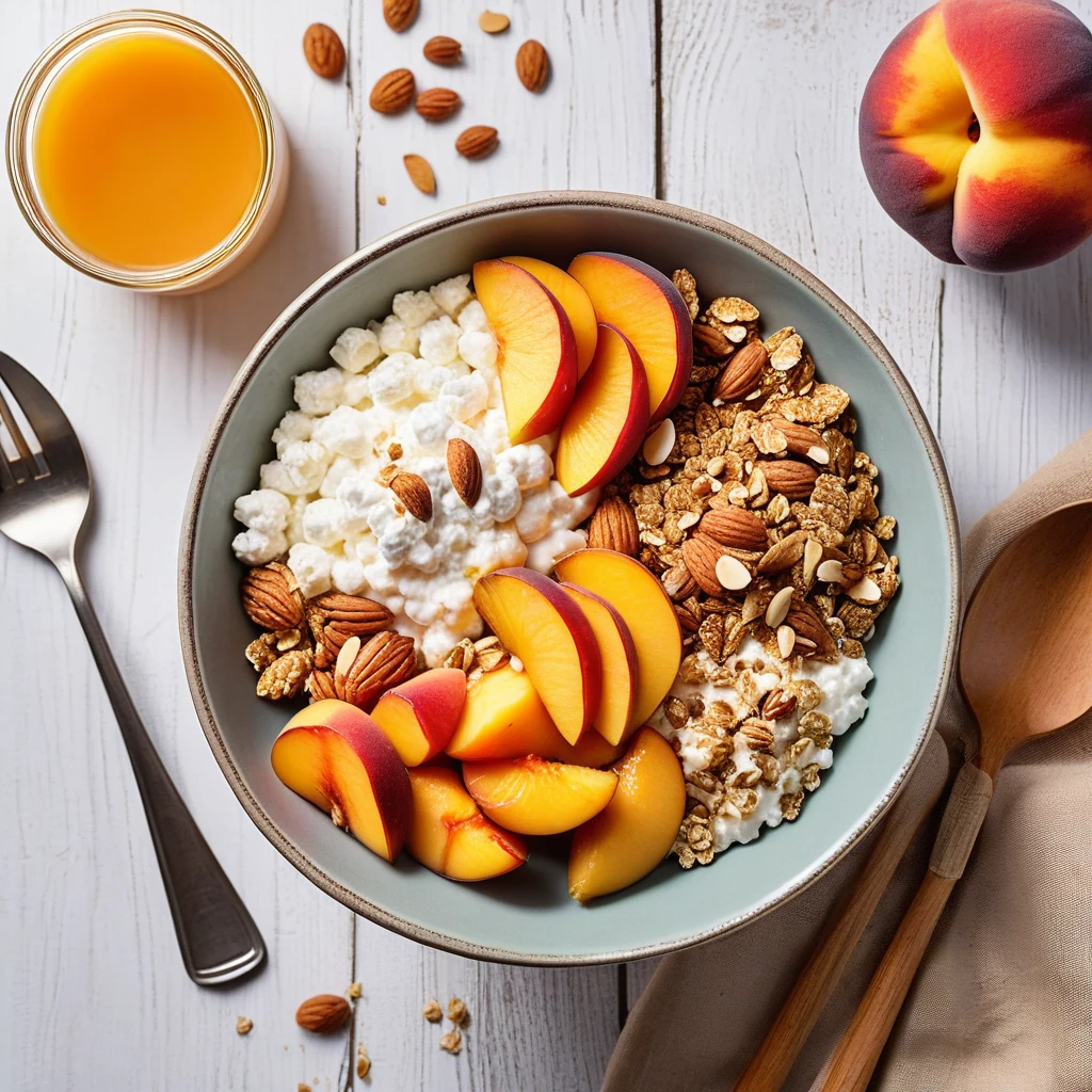 cottage cheese protein bowl with granola and peaches