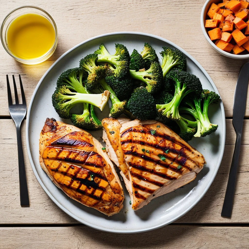 Grilled Chicken with Sweet Potato and Roasted Broccoli