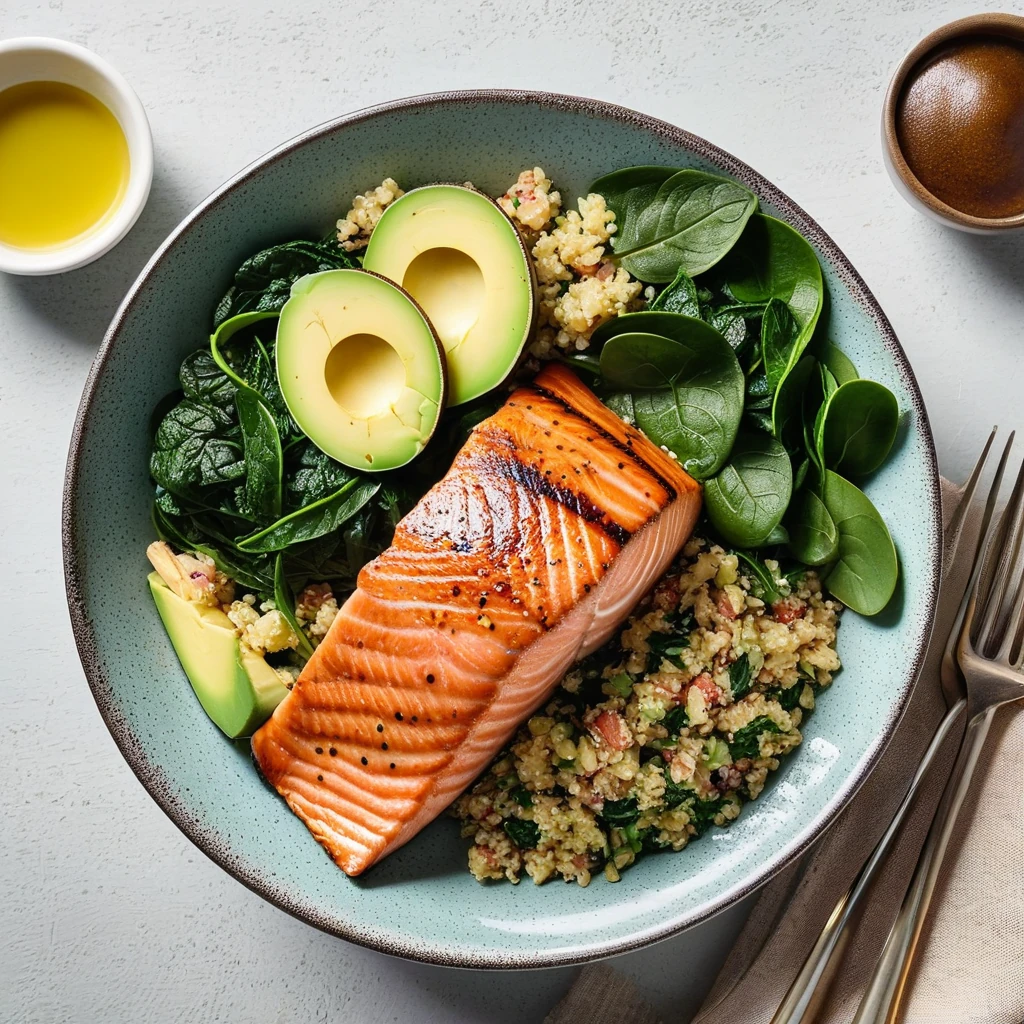 Grilled Salmon Quinoa Bowl with Spinach and Avocado