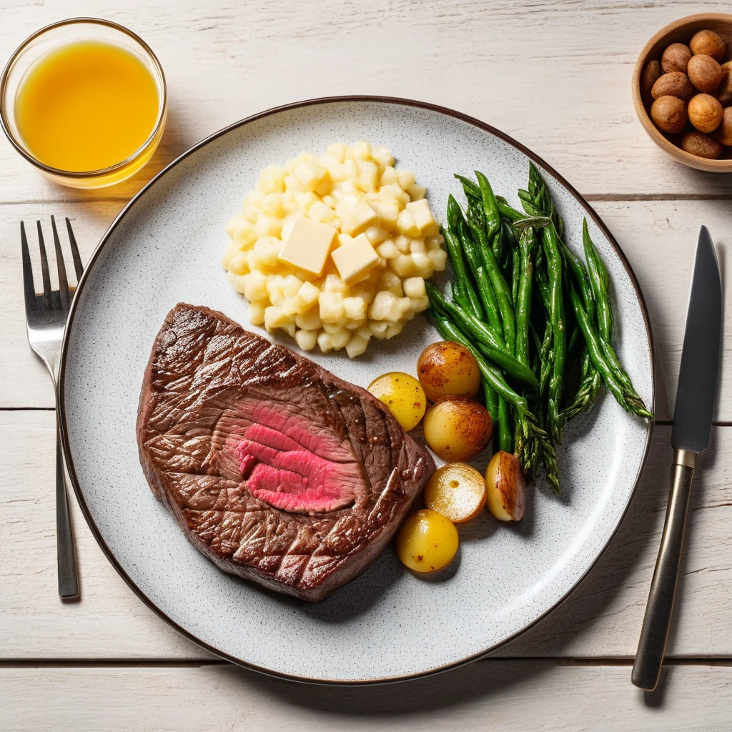 Rindfleisch-Steak mit Süßkartoffelpüree und Gemüse